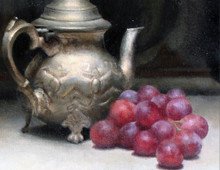 Still life with grapes, pear and metal tea pot
